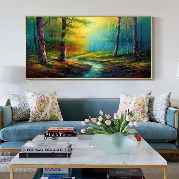 Forest Wall Art Painting Green Yellow Wall Decor  Contemporary Small Stream Landscape Artwork for Living Room Wall Decor - Image 4