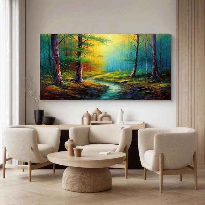 Forest Wall Art Painting Green Yellow Wall Decor  Contemporary Small Stream Landscape Artwork for Living Room Wall Decor - Image 7