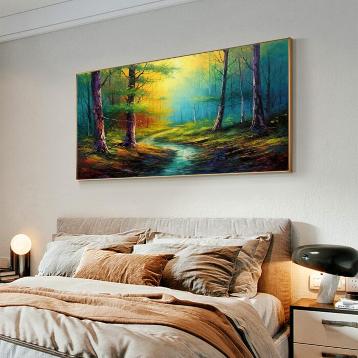 Forest Wall Art Painting Green Yellow Wall Decor  Contemporary Small Stream Landscape Artwork for Living Room Wall Decor - Image 10