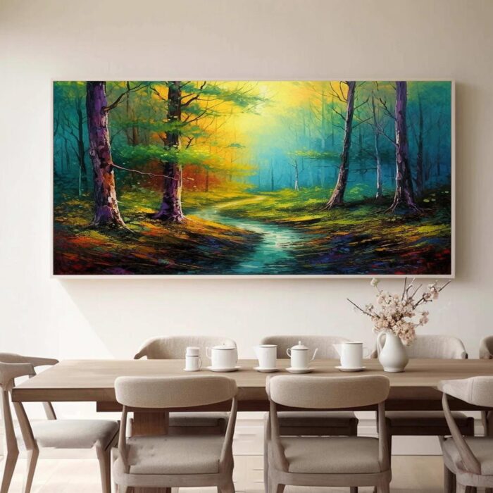 Forest Wall Art Painting Green Yellow Wall Decor  Contemporary Small Stream Landscape Artwork for Living Room Wall Decor - Image 8