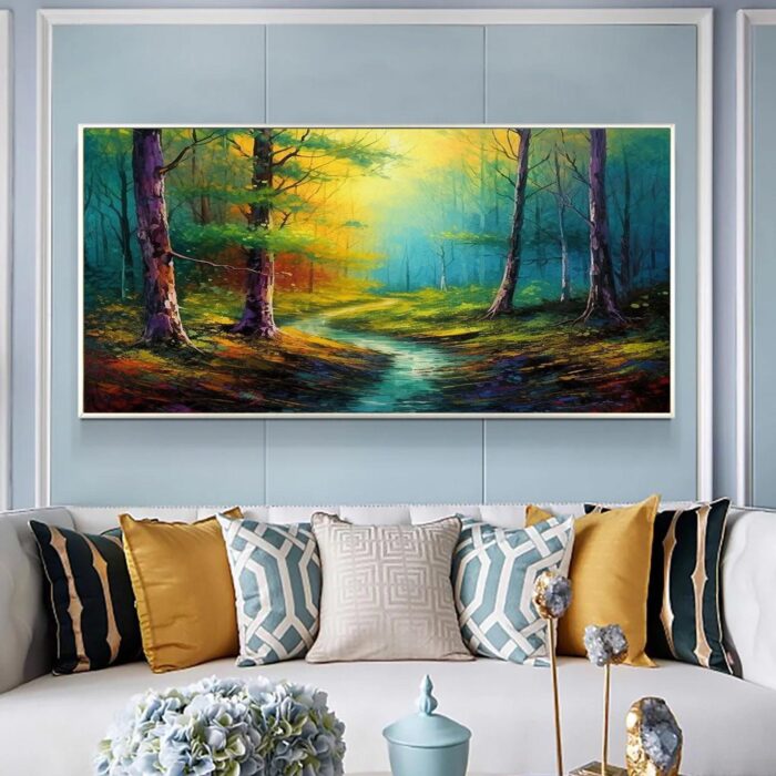 Forest Wall Art Painting Green Yellow Wall Decor  Contemporary Small Stream Landscape Artwork for Living Room Wall Decor - Image 5