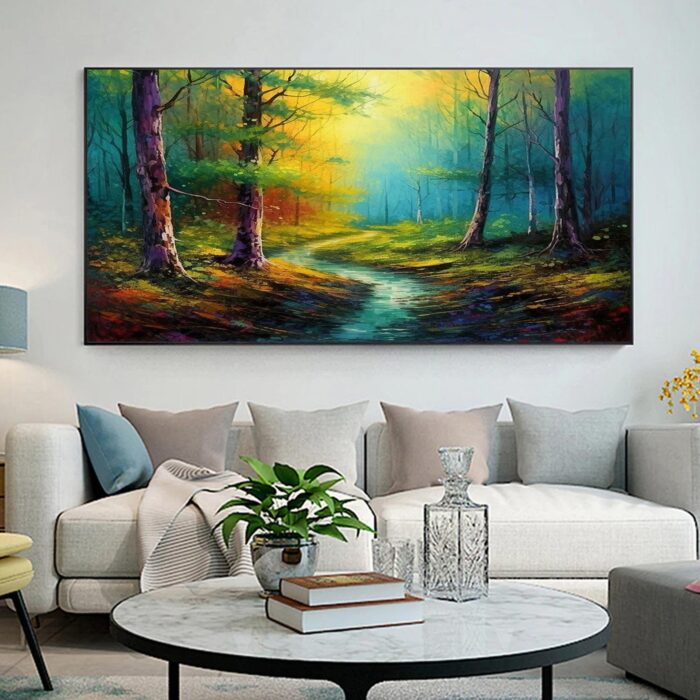 Forest Wall Art Painting Green Yellow Wall Decor  Contemporary Small Stream Landscape Artwork for Living Room Wall Decor