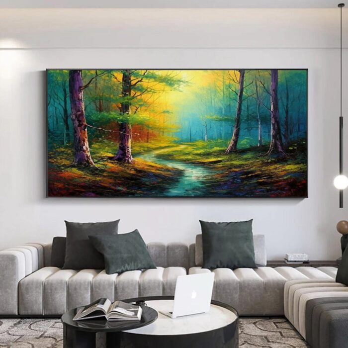 Forest Wall Art Painting Green Yellow Wall Decor  Contemporary Small Stream Landscape Artwork for Living Room Wall Decor - Image 3