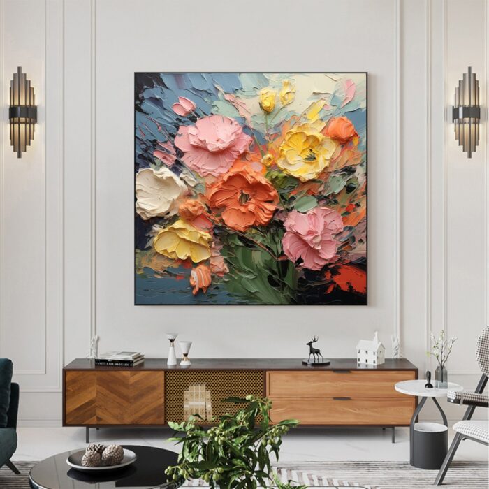 Hand Painted Large Yellow Pink White Flower Texture Oil Painting On Canvas Thick Oil Floral Landscape Square Painting Living Room Wall Art Home Decor - Image 6