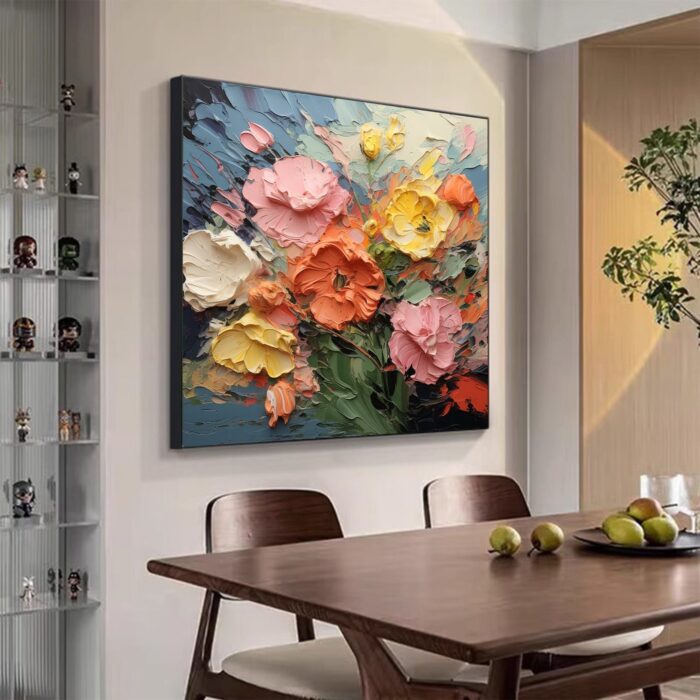 Hand Painted Large Yellow Pink White Flower Texture Oil Painting On Canvas Thick Oil Floral Landscape Square Painting Living Room Wall Art Home Decor - Image 8