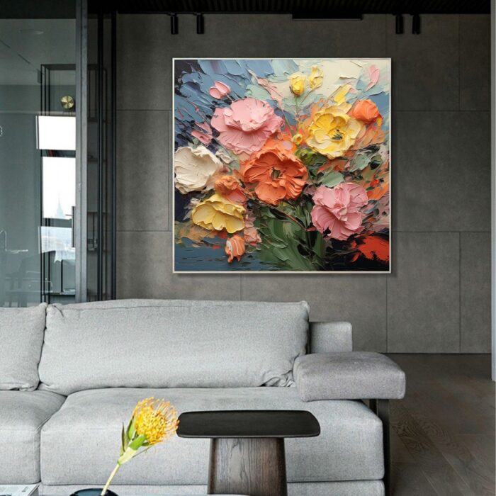 Hand Painted Large Yellow Pink White Flower Texture Oil Painting On Canvas Thick Oil Floral Landscape Square Painting Living Room Wall Art Home Decor - Image 7