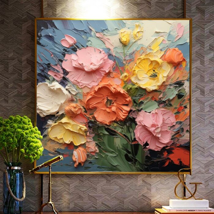 Hand Painted Large Yellow Pink White Flower Texture Oil Painting On Canvas Thick Oil Floral Landscape Square Painting Living Room Wall Art Home Decor