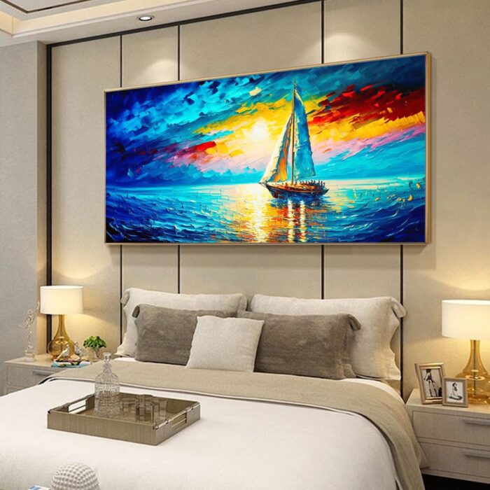 Hand Painted Sail Boat Canvas Art Abstract Nautical Sailing Boat Painting Canvas Wall Art Modern Home Decoration - Image 7