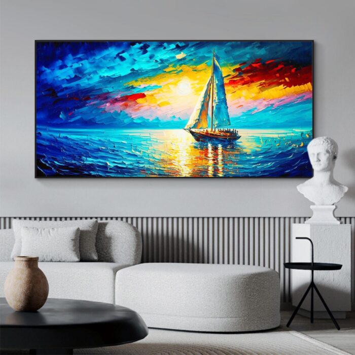 Hand Painted Sail Boat Canvas Art Abstract Nautical Sailing Boat Painting Canvas Wall Art Modern Home Decoration