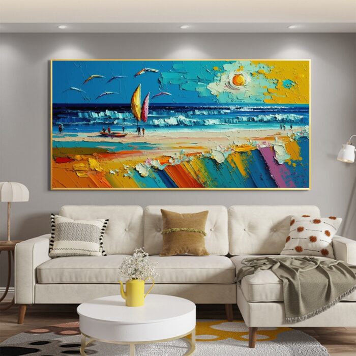 Hand Painted Sailboat Canvas Wall Art Blue Ocean Seascape Hand Painted Textured Seagull Painting Living Room Wall Art Home Decor - Image 5