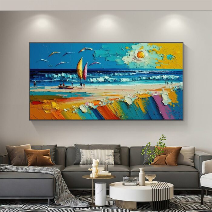 Hand Painted Sailboat Canvas Wall Art Blue Ocean Seascape Hand Painted Textured Seagull Painting Living Room Wall Art Home Decor - Image 3