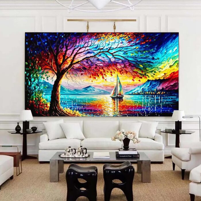 Hand-painted Colorful Tree Oil Painting on Canvas Lake Moutain Artwork Abstract Boat Wall Art Decorations