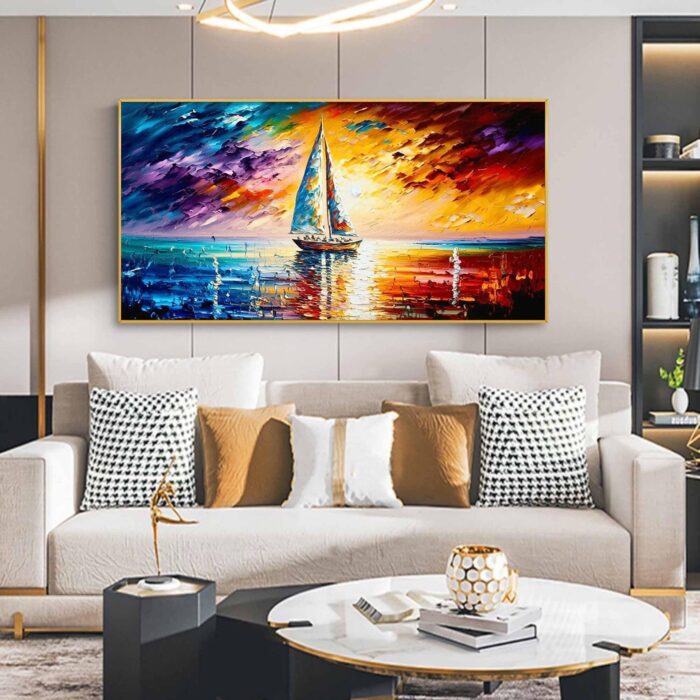 Large Boat Painting Modern Seascape Painting Hand Painted Colorful Painting Textured Artwork for Living Room Bedroom Dining Room