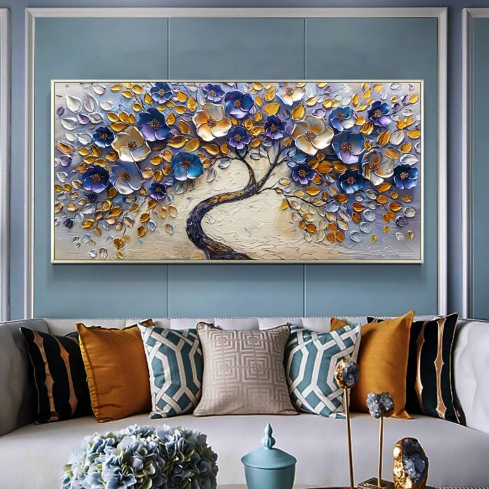 Large Canvas Wall Art Blue Sliver Flower Tree Off White Backgrounds Abstract Painting Purple Flowering for Bedroom Living Room - Image 6