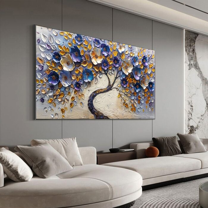 Large Canvas Wall Art Blue Sliver Flower Tree Off White Backgrounds Abstract Painting Purple Flowering for Bedroom Living Room - Image 8