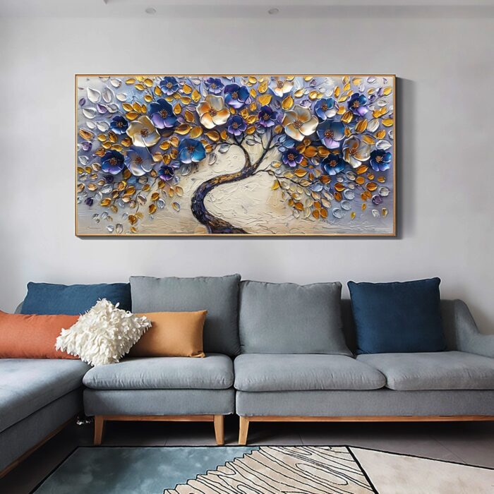 Large Canvas Wall Art Blue Sliver Flower Tree Off White Backgrounds Abstract Painting Purple Flowering for Bedroom Living Room - Image 5