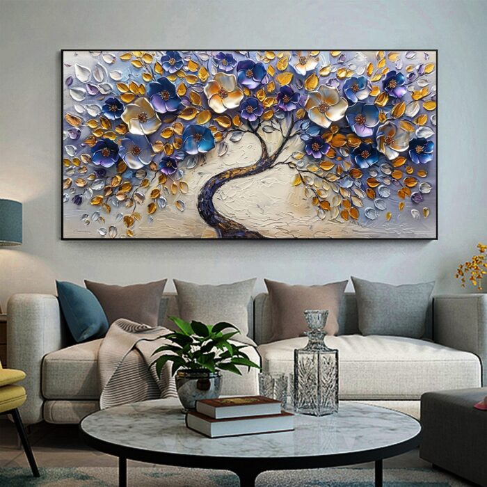 Large Canvas Wall Art Blue Sliver Flower Tree Off White Backgrounds Abstract Painting Purple Flowering for Bedroom Living Room