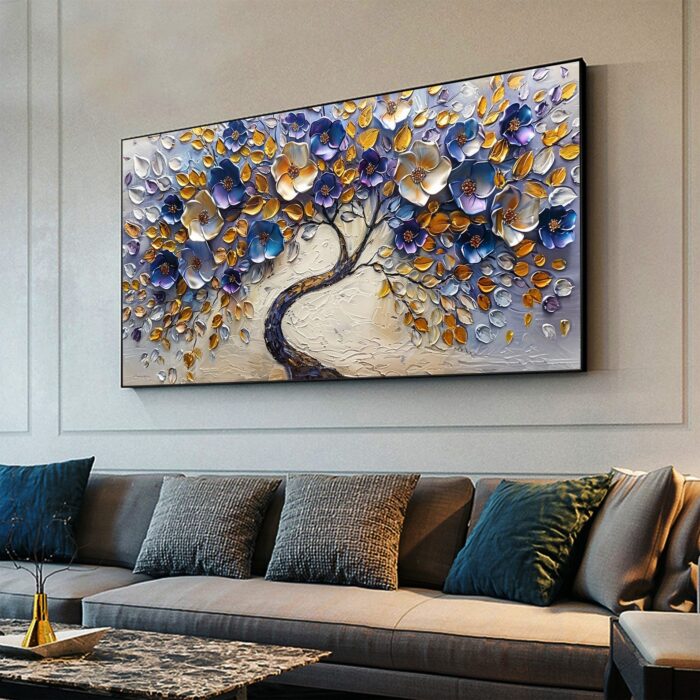 Large Canvas Wall Art Blue Sliver Flower Tree Off White Backgrounds Abstract Painting Purple Flowering for Bedroom Living Room - Image 9