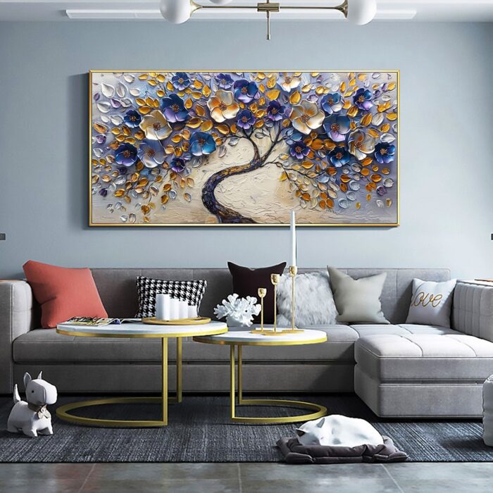 Large Canvas Wall Art Blue Sliver Flower Tree Off White Backgrounds Abstract Painting Purple Flowering for Bedroom Living Room - Image 3