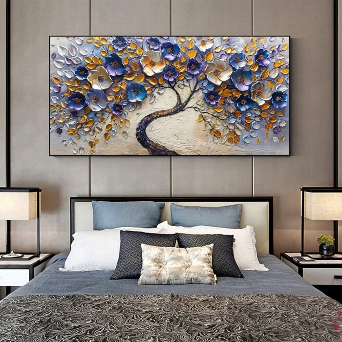 Large Canvas Wall Art Blue Sliver Flower Tree Off White Backgrounds Abstract Painting Purple Flowering for Bedroom Living Room - Image 7