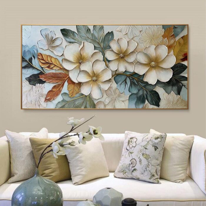 Large Floral Abstract Wall Art Beige Flower Blooms Artwork Hand Painted Blue Green Painting on Canvas for Living Room - Image 4