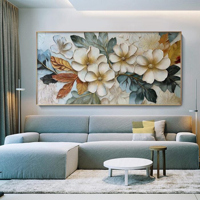 Large Floral Abstract Wall Art Beige Flower Blooms Artwork Hand Painted Blue Green Painting on Canvas for Living Room - Image 3