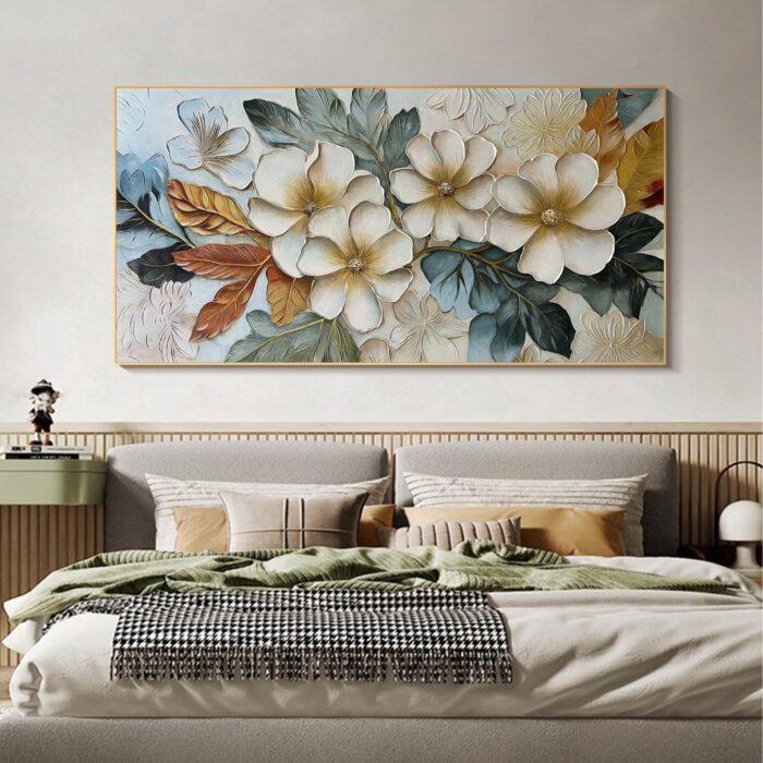 Large Floral Abstract Wall Art Beige Flower Blooms Artwork Hand Painted Blue Green Painting on Canvas for Living Room - Image 7