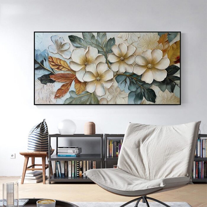 Large Floral Abstract Wall Art Beige Flower Blooms Artwork Hand Painted Blue Green Painting on Canvas for Living Room - Image 5