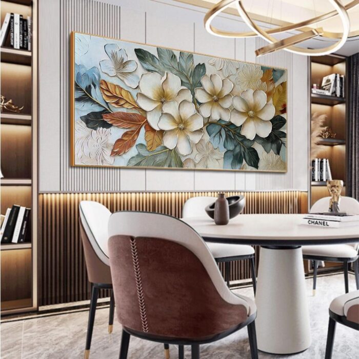 Large Floral Abstract Wall Art Beige Flower Blooms Artwork Hand Painted Blue Green Painting on Canvas for Living Room - Image 8