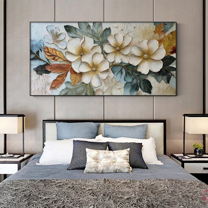 Large Floral Abstract Wall Art Beige Flower Blooms Artwork Hand Painted Blue Green Painting on Canvas for Living Room - Image 6