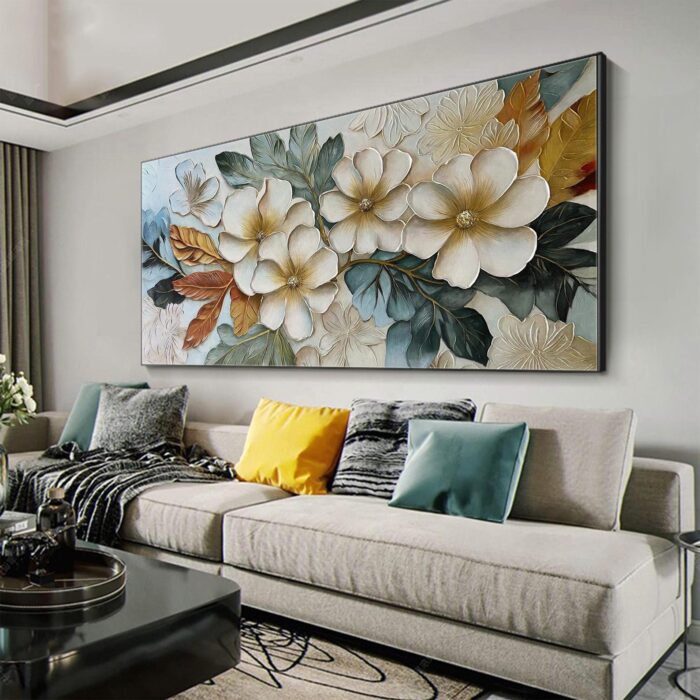 Large Floral Abstract Wall Art Beige Flower Blooms Artwork Hand Painted Blue Green Painting on Canvas for Living Room - Image 9