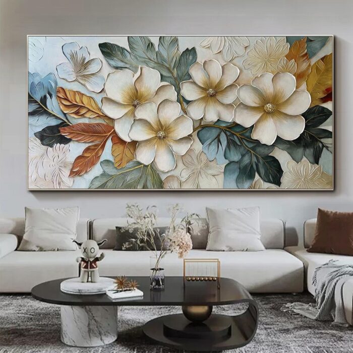 Large Floral Abstract Wall Art Beige Flower Blooms Artwork Hand Painted Blue Green Painting on Canvas for Living Room