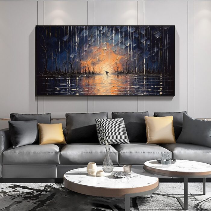 Large Hand Painted Rainy Forest Canvas Wall Art Moon Reflection Wall Decor Pedestrian Holding Umbrella Artwork - Image 7