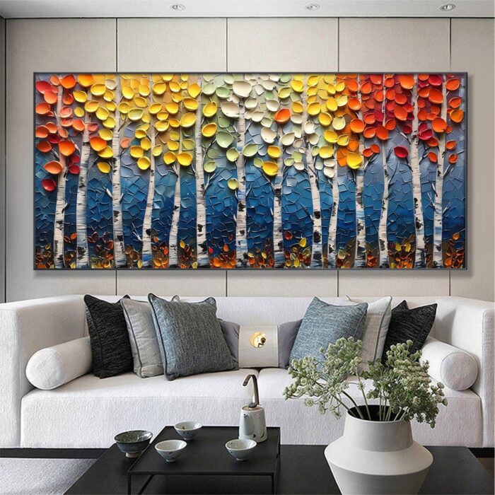 Large Landscape Birch Tree on Canvas Colorful Poplar Tree Oil Painting Texture Forest Canvas Wall Art Decor Living Room - Image 4