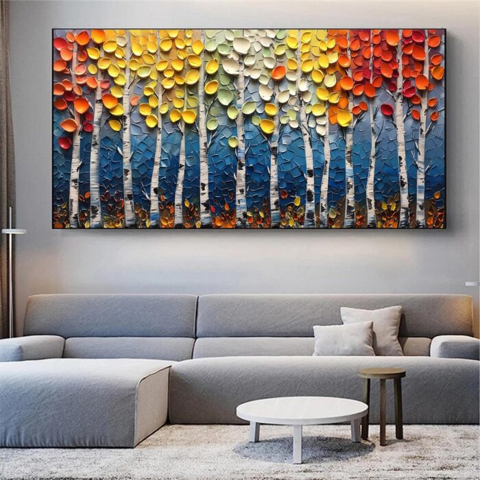 Large Landscape Birch Tree on Canvas Colorful Poplar Tree Oil Painting Texture Forest Canvas Wall Art Decor Living Room