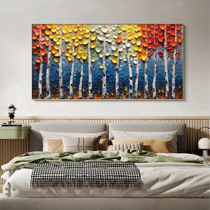 Large Landscape Birch Tree on Canvas Colorful Poplar Tree Oil Painting Texture Forest Canvas Wall Art Decor Living Room - Image 8