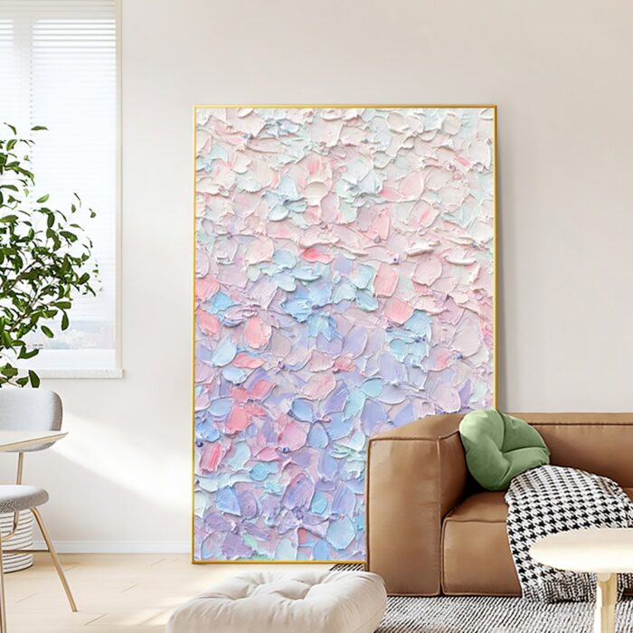 Large Pink Oil Painting On Canvas Blue Textured Vertical Abstract Art Wall Paintings Home Office Decorations - Image 3