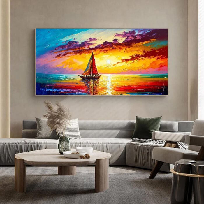 Large Sailing Boat Wall Art Sailing Ship Canvas Painting Sunset Artwork Seascape Home Decor for Living Room Office - Image 3