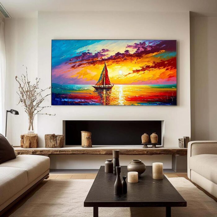 Large Sailing Boat Wall Art Sailing Ship Canvas Painting Sunset Artwork Seascape Home Decor for Living Room Office