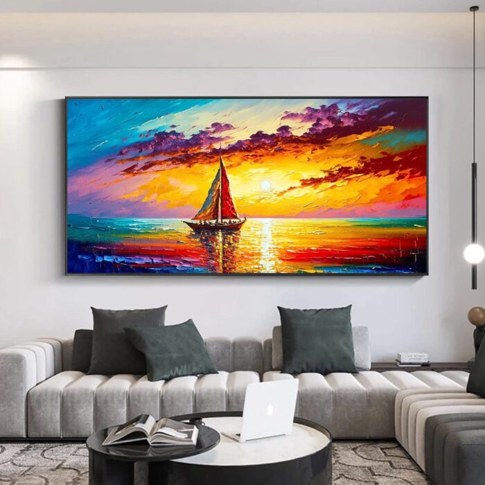 Large Sailing Boat Wall Art Sailing Ship Canvas Painting Sunset Artwork Seascape Home Decor for Living Room Office - Image 4