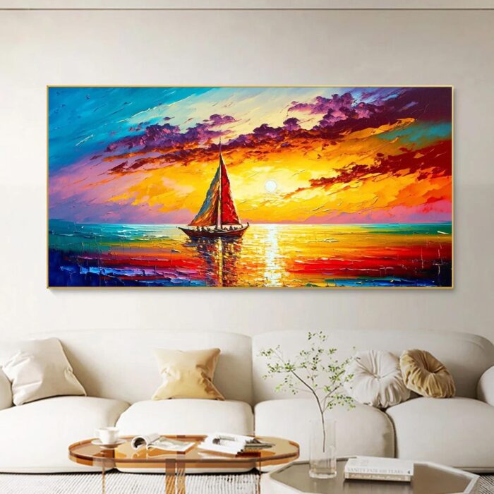 Large Sailing Boat Wall Art Sailing Ship Canvas Painting Sunset Artwork Seascape Home Decor for Living Room Office - Image 5