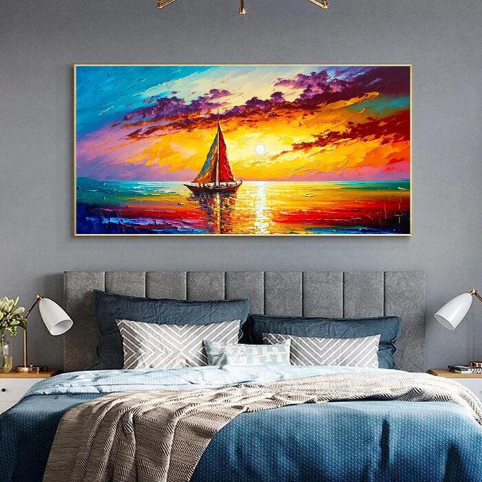 Large Sailing Boat Wall Art Sailing Ship Canvas Painting Sunset Artwork Seascape Home Decor for Living Room Office - Image 7