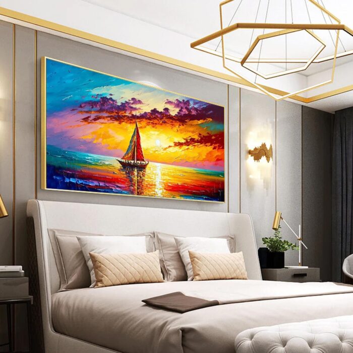 Large Sailing Boat Wall Art Sailing Ship Canvas Painting Sunset Artwork Seascape Home Decor for Living Room Office - Image 8