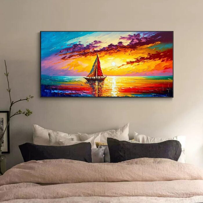 Large Sailing Boat Wall Art Sailing Ship Canvas Painting Sunset Artwork Seascape Home Decor for Living Room Office - Image 6