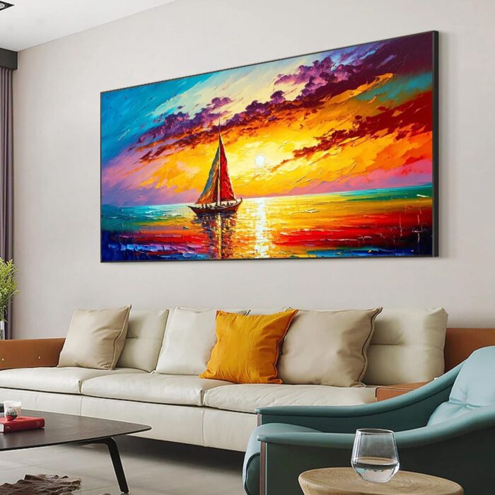 Large Sailing Boat Wall Art Sailing Ship Canvas Painting Sunset Artwork Seascape Home Decor for Living Room Office - Image 9