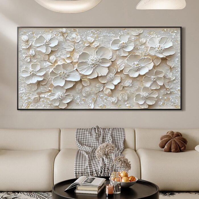 Large White Flower Paintings Wall Art Floral Thick Texture Artwork Wall Decor for Living Room Bedroom Bathroom