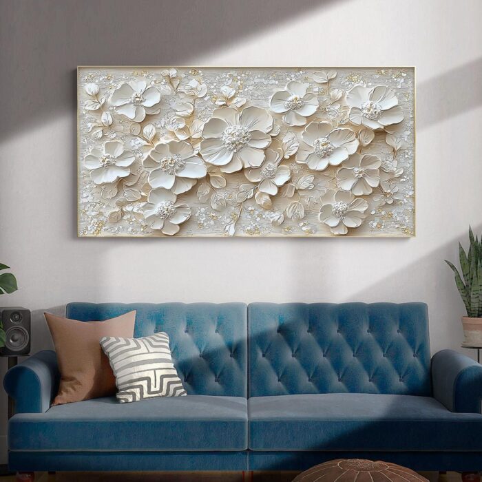 Large White Flower Paintings Wall Art Floral Thick Texture Artwork Wall Decor for Living Room Bedroom Bathroom - Image 5