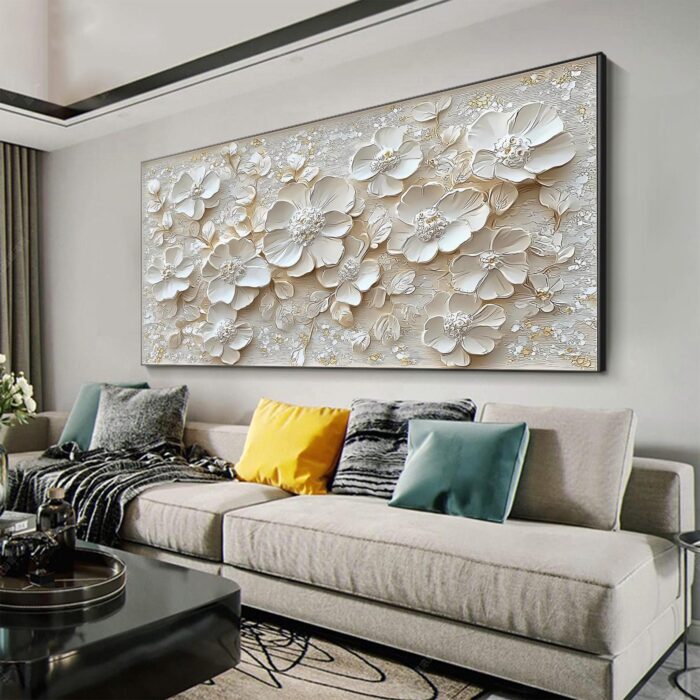 Large White Flower Paintings Wall Art Floral Thick Texture Artwork Wall Decor for Living Room Bedroom Bathroom - Image 9