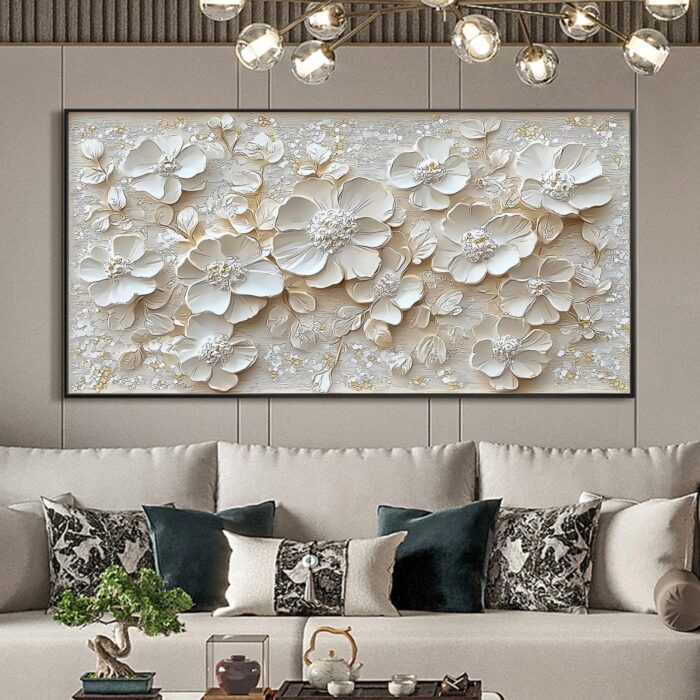 Large White Flower Paintings Wall Art Floral Thick Texture Artwork Wall Decor for Living Room Bedroom Bathroom - Image 3