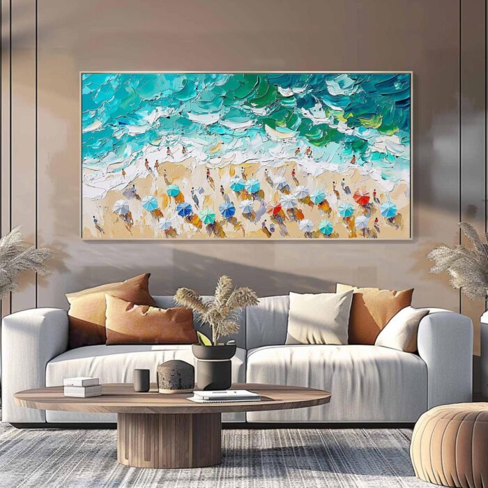 Original Hand Painted Oil Painting Summer Beach On Canvas Blue Ocean Beach Seawave Canvas Wall Art For Home Office